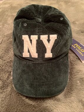 New Mens POLO RALPH LAUREN Corduroy adjustable hat with NY felt patches on front